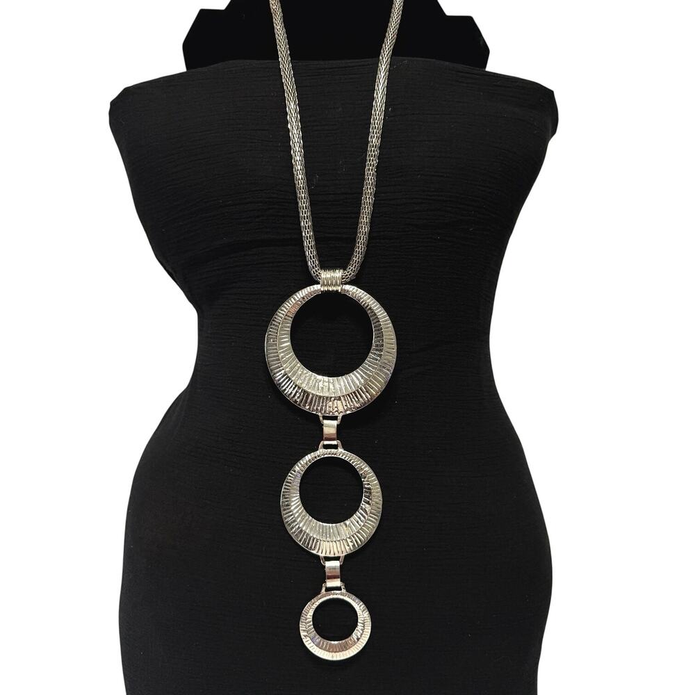 Silver Tone Triple Circle Statement Necklace 18” Drop